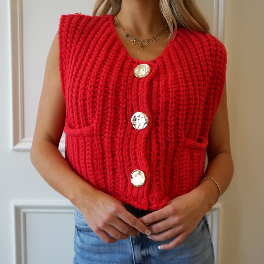 Red Knit Vest with Gold Buttons